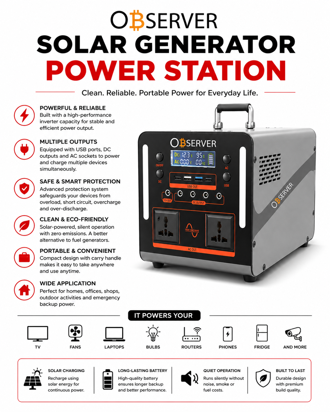 Observer 500W Solar Generator Power Station 480WH Lithium Battery - Image 3