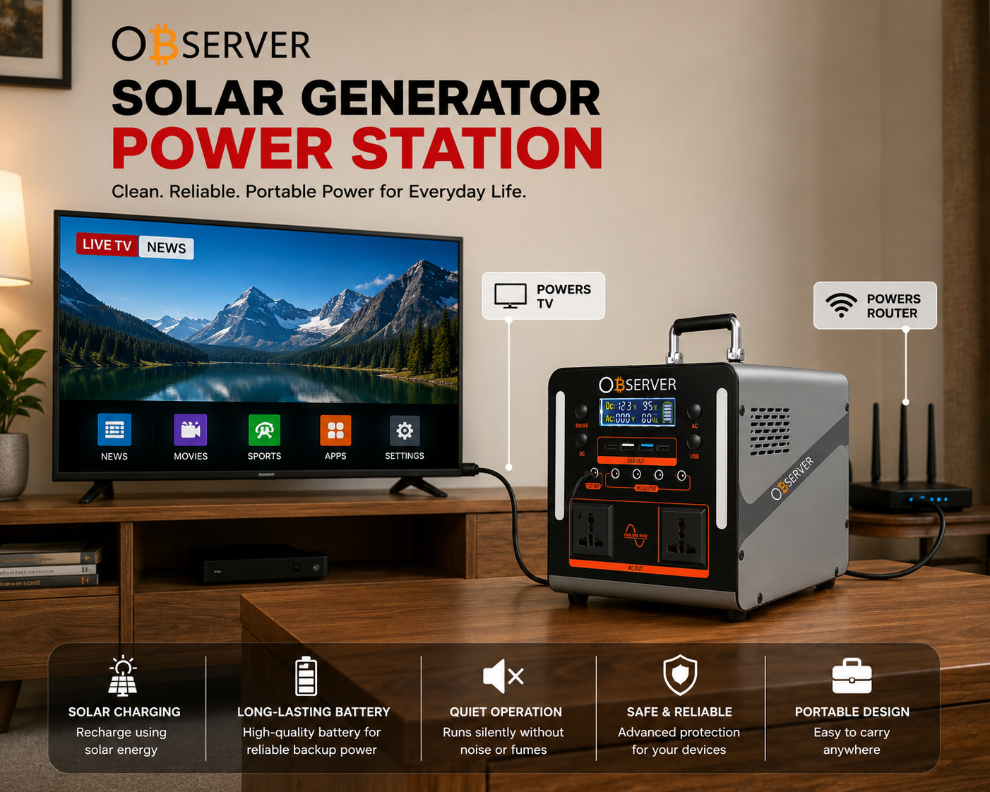 Observer 500W Solar Generator Power Station 480WH Lithium Battery - Image 4