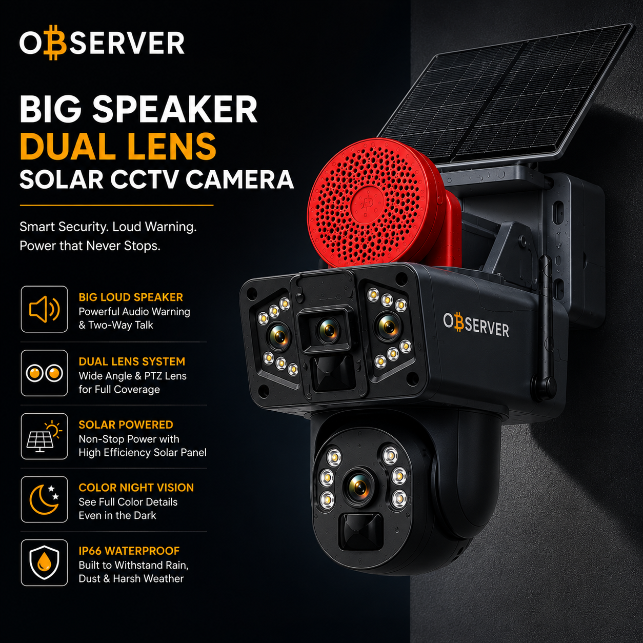 Observer Dual Lens Ultra HD Solar CCTV Camera Big Speaker - Image 6
