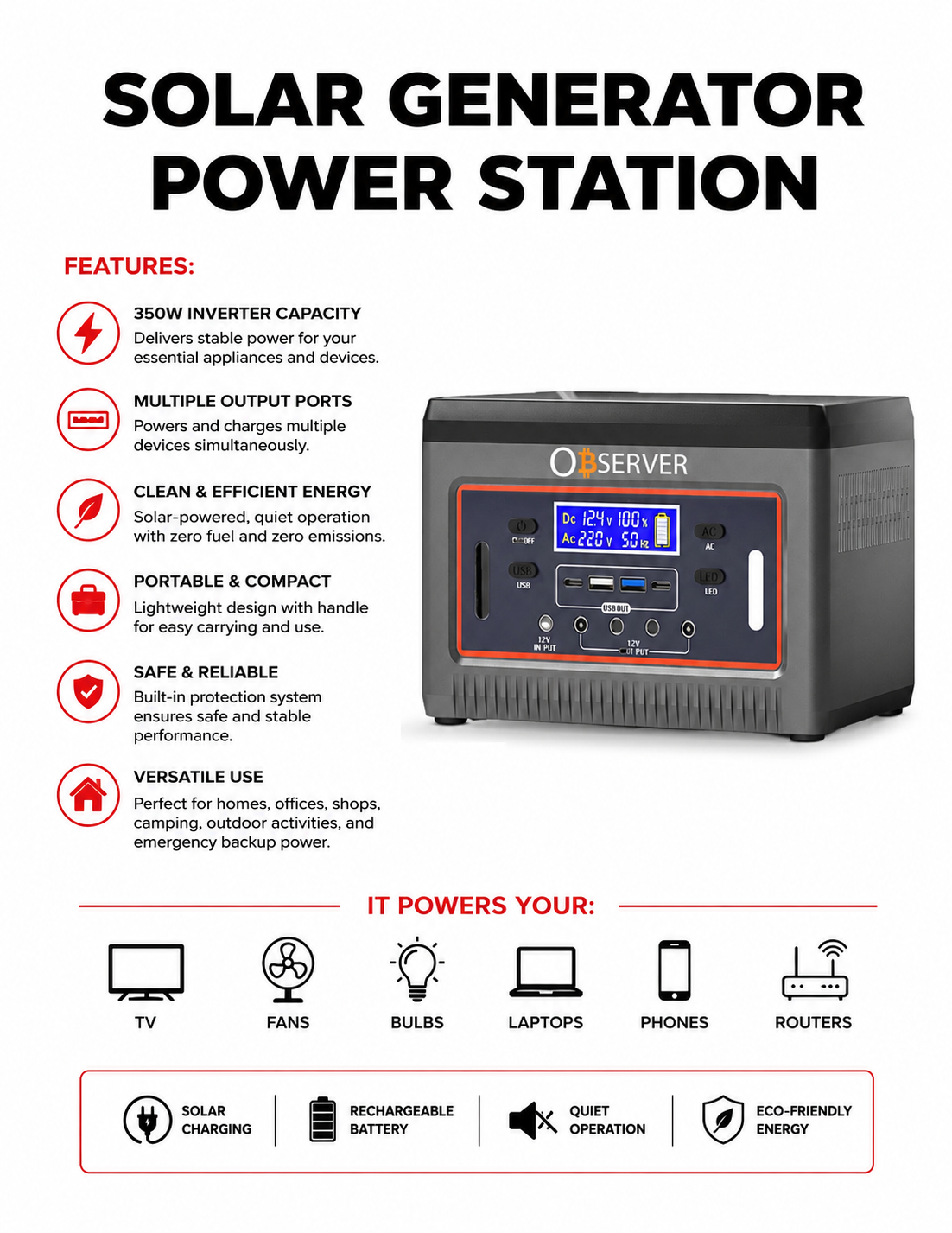 350W Solar (Generator) Power Station 240WH Lithium Battery - Image 4