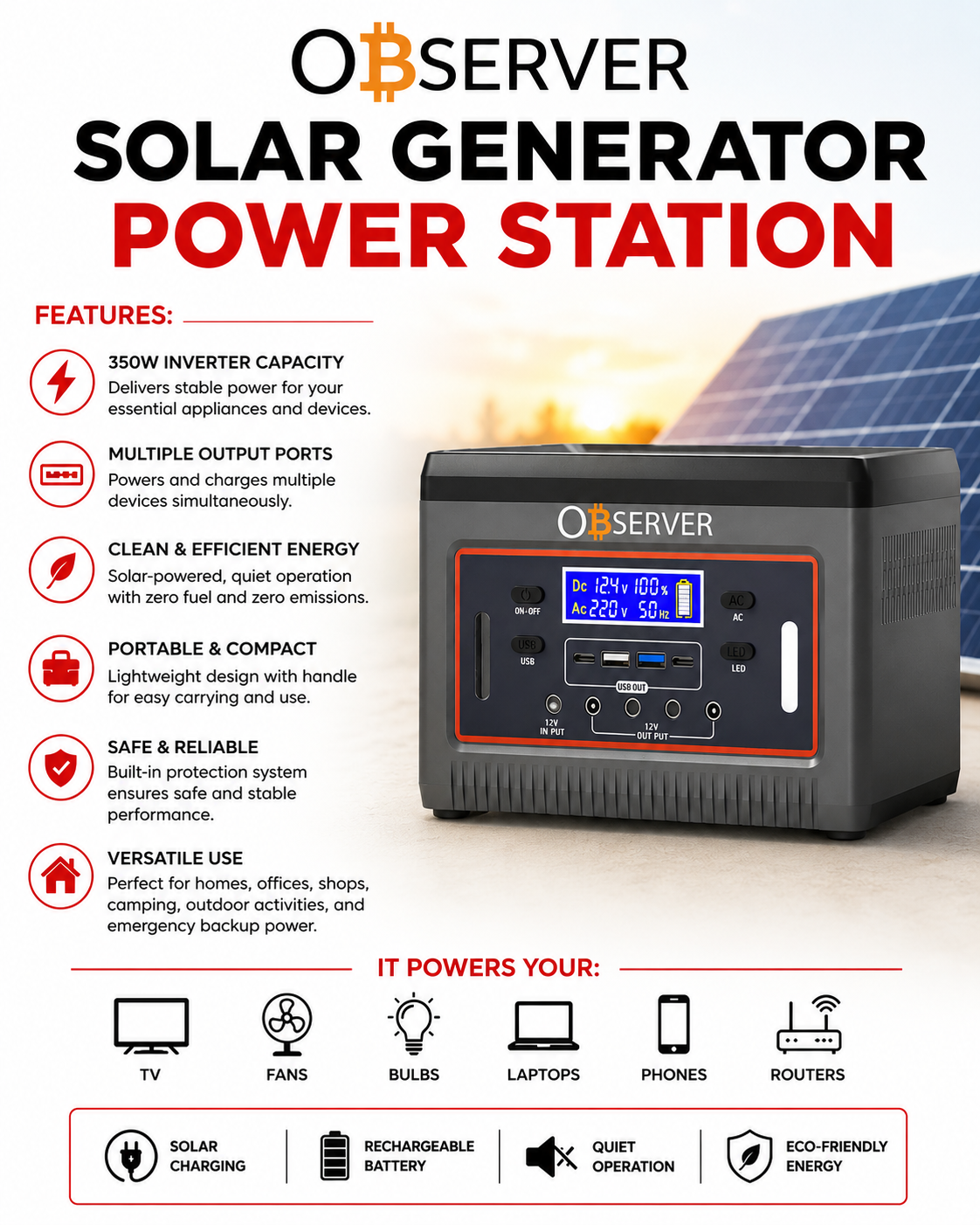 350W Solar (Generator) Power Station 240WH Lithium Battery - Image 2
