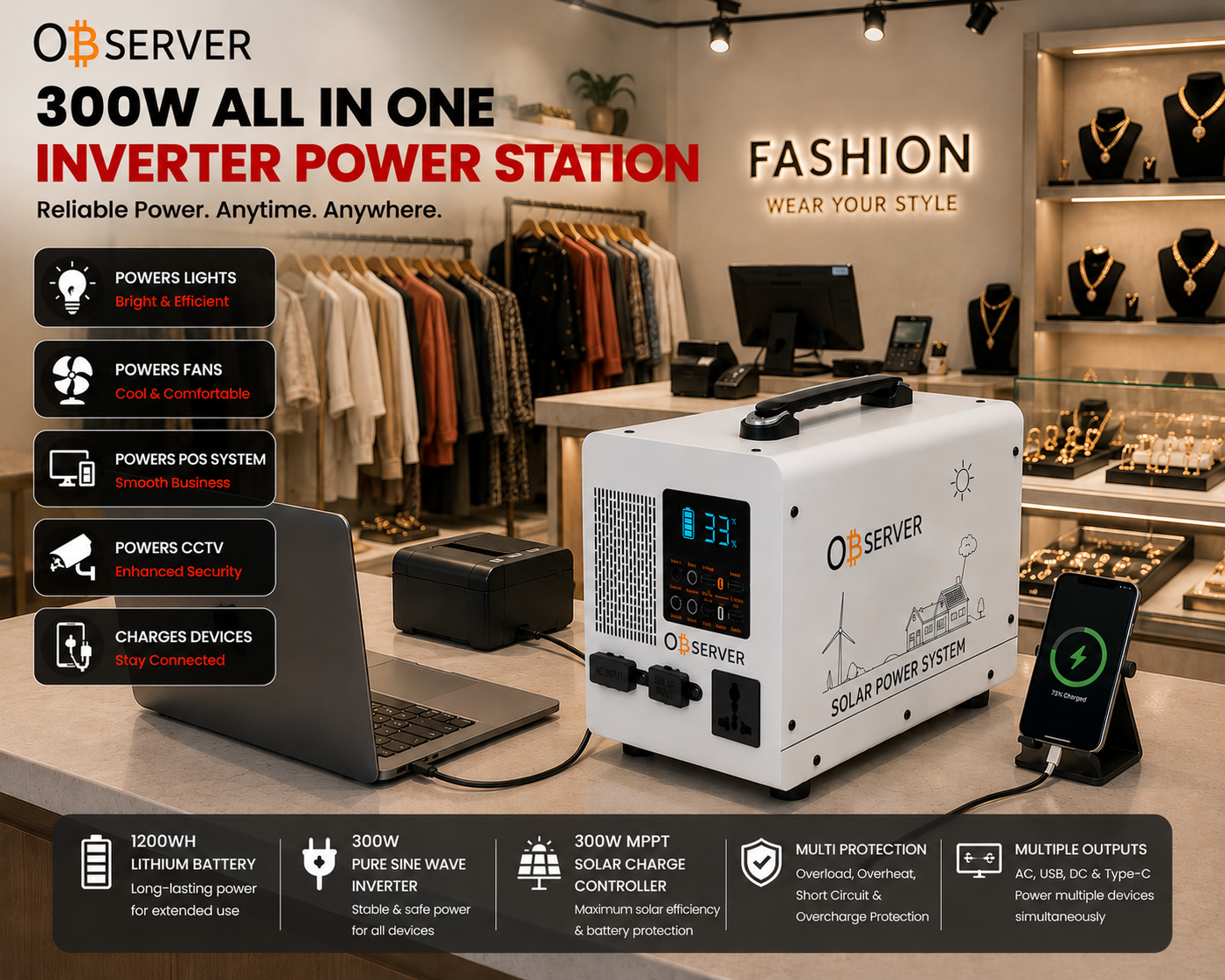 Observer 300W All-in-One Inverter Power Station - 1200WH Lithium Battery - Image 4