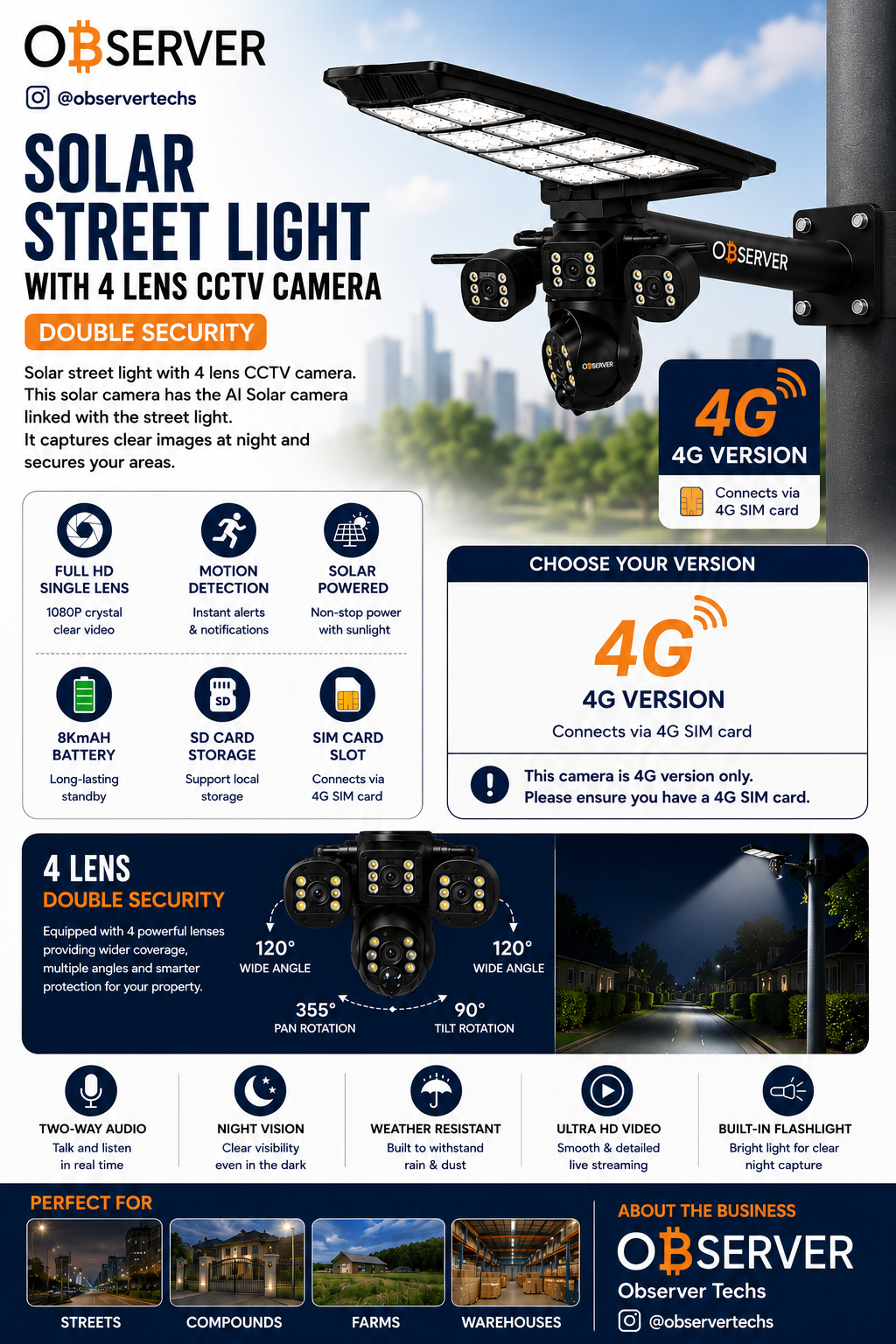 Observer 4-Lens Solar Street Light CCTV Camera 4G - Image 2