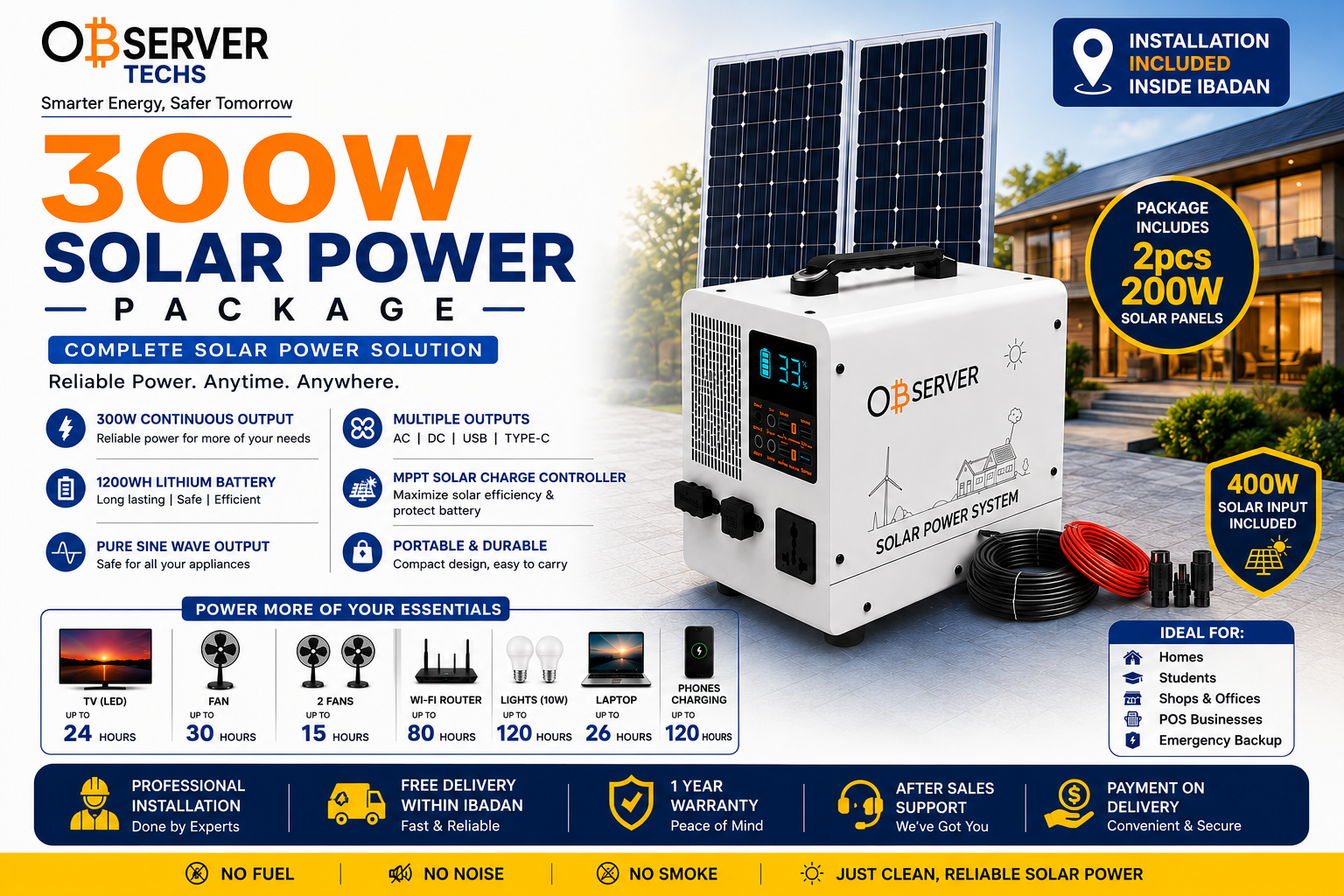 Observer 300W Complete Solar Package | 1200Wh Lithium Battery + 400W Solar Panels + Free Installation (Ibadan)